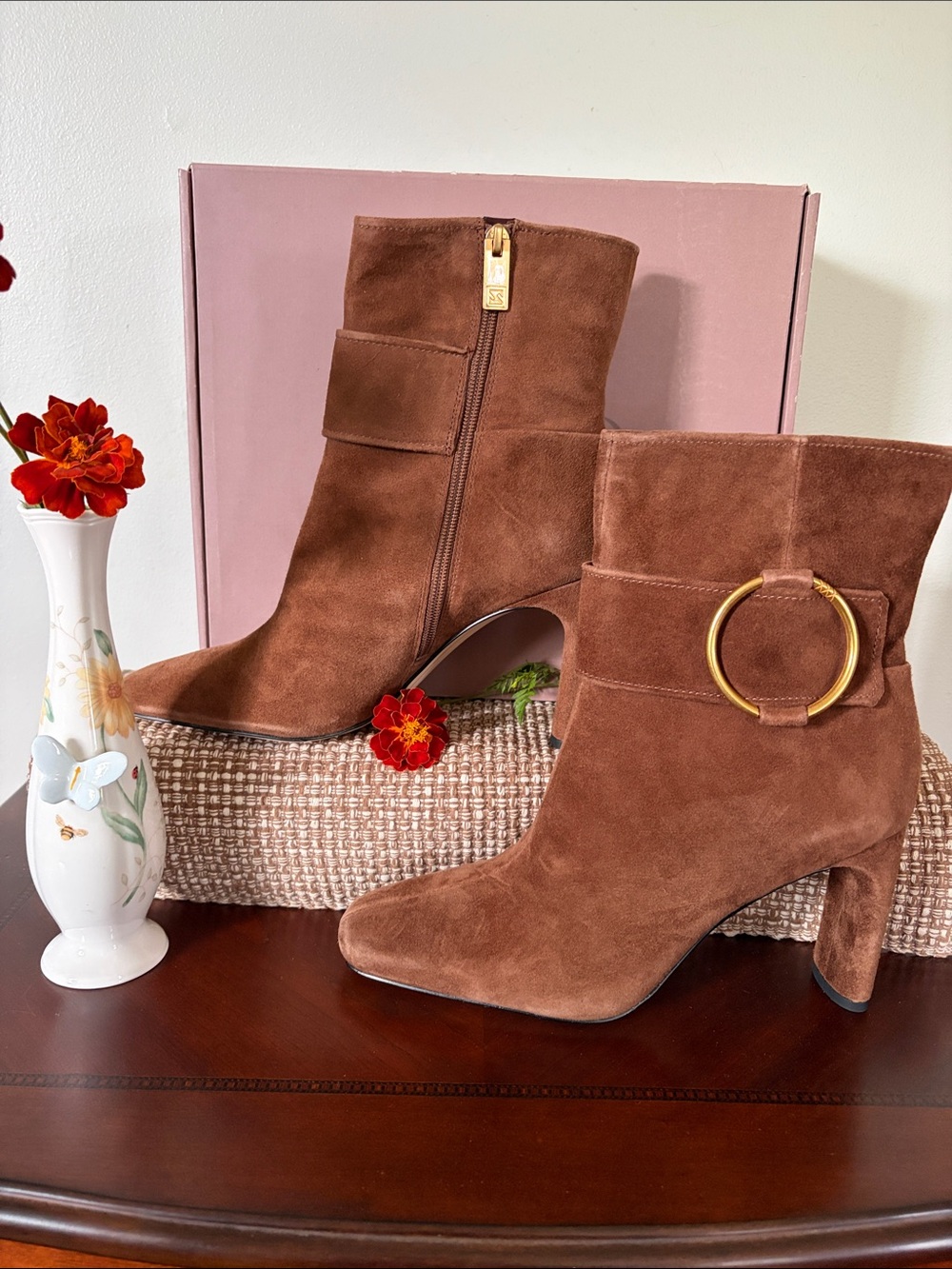 Franco Sarto Flexa Alia Brown Suede Ankle Bootie with Gold Ring Accent 10M